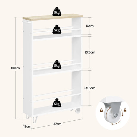 BukkitBow smalle keukentrolley met 3 lagen, houten planken, metalen frame, wielen en rem voor keuken, badkamer of kantoor.