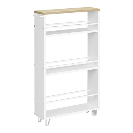 BukkitBow smalle keukentrolley met 3 lagen, houten planken, metalen frame, wielen en rem, geschikt voor keuken, badkamer en kantoor