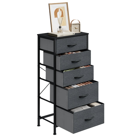 BukkitBow smalle vrijstaande ladekast met vijf stoffen lades, stevig metalen frame, geschikt voor slaapkamer en woonkamer.