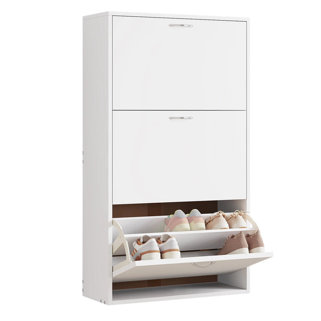 Witte schoenenkast van BukkitBow met 3 kantelbare laden, smal en hoog, geschikt voor het opbergen van schoenen en accessoires