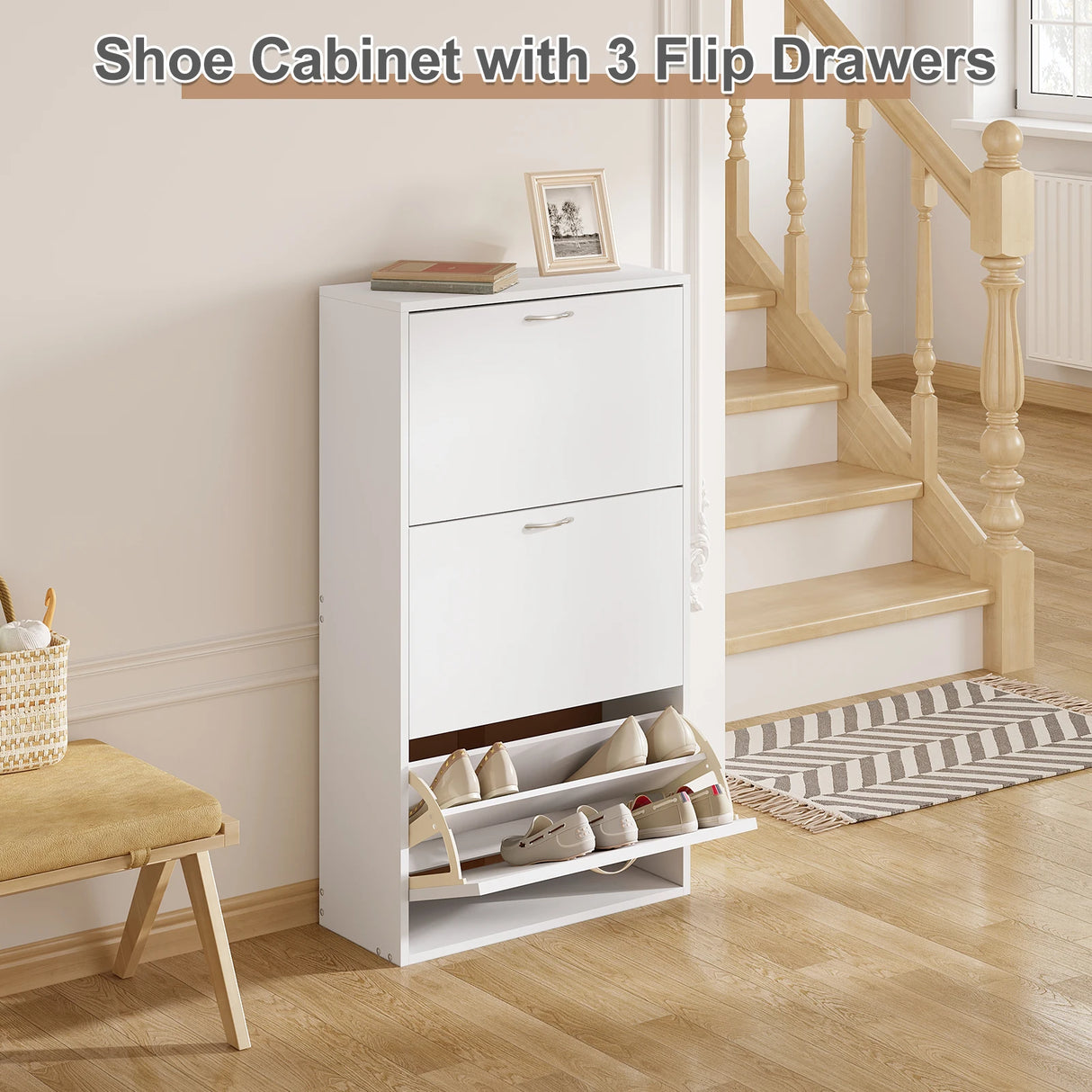BukkitBow smalle witte schoenenkast met drie kantelbare laden, hoog en compact schoenenrek voor schoenenopslag