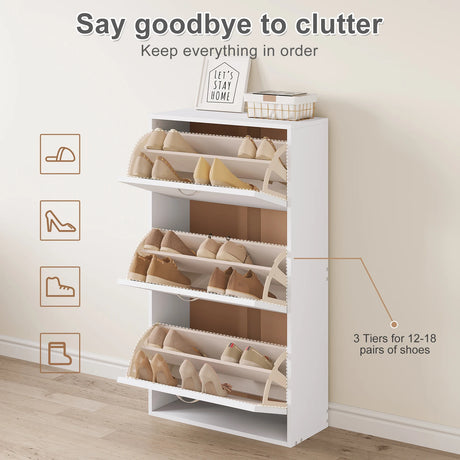 BukkitBow schoenenrek in wit met drie kantelbare laden, smal en hoog voor het organiseren van schoenen.