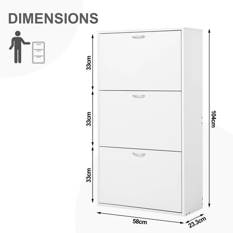 Witte schoenenkast BukkitBow met drie kantelbare laden, hoog en smal, ideaal voor het opbergen van schoenen en accessoires.