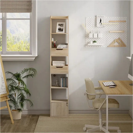 BukkitBow staande boekenkast van eikenhout met melamine fineer, ruime opbergkast met deur en laden, modern design