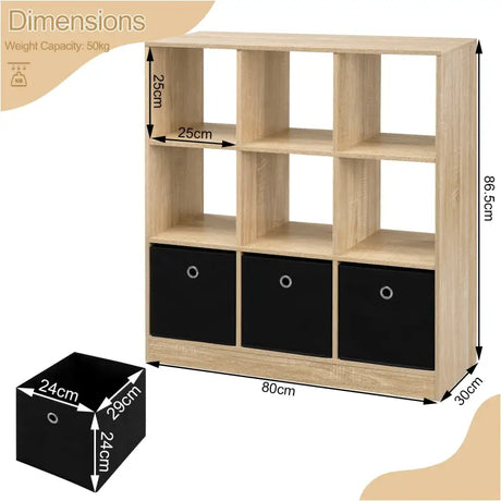 BukkitBow staande boekenkast met 9 kubussen, E1-klasse hout, melamine fineer en opbergmanden, modern en functioneel design