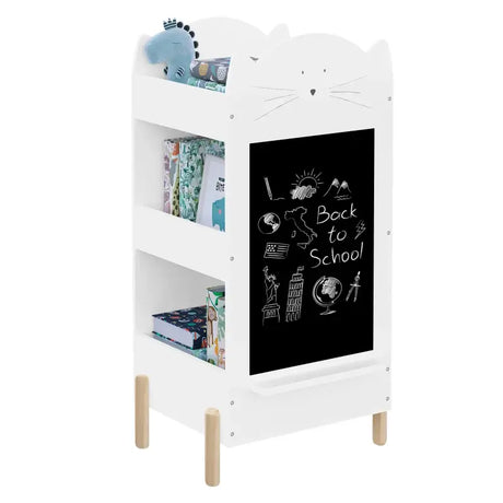 BukkitBow kinder boekenkast met twee zijden opslag, krijtbord en bovenruimte, in wit en houtkleur, 45x36x85cm.