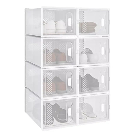 BukkitBow stapelbare schoenendozen set van 8, 12 of 18, wit met transparante vakken en deurtjes, sneaker organizer, schoenenrek
