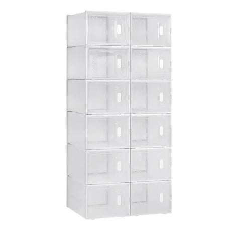 BukkitBow stapelbare schoenendozen set van 8, 12 of 18, witte sneaker organizer met transparante vakken en deurtjes.