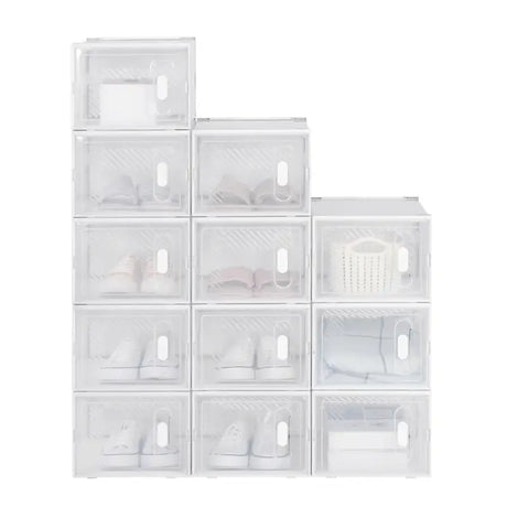 Witte BukkitBow stapelbare schoenendozen met transparante vakken en deurtjes, perfect als sneaker organizer, set van 8, 12 of 18.