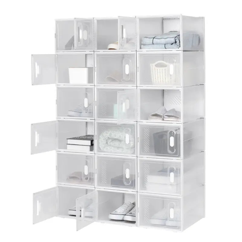 Witte BukkitBow stapelbare schoenendozen met transparante vakken en deurtjes, ideaal als sneaker organizer, set van 8/12/18.