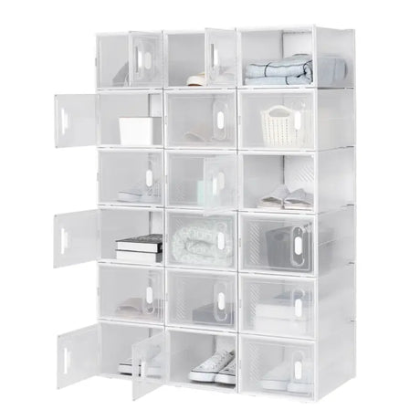 BukkitBow stapelbare schoenendozen set van 8, 12 of 18 met transparante vakken en deurtjes, wit schoenenrek en sneaker organizer