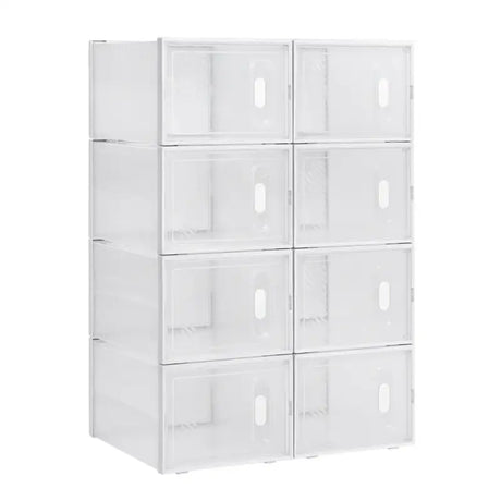 Wit BukkitBow stapelbare schoenendozen set met transparante vakken en deurtjes, perfect als sneaker organizer.