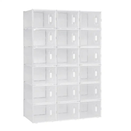 Witte BukkitBow stapelbare schoenendozen met transparante vakken en deurtjes, ideaal als sneaker organizer, set van 8, 12 of 18.