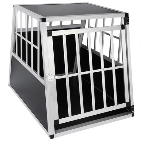 Stevige aluminium/MDF hondenkooi van BukkitBow, trapeziumvormig met volledige doorkijk en ventilatie, 71x85x65cm, hondentransportbox.