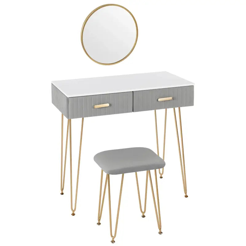 BukkitBow stijlvolle kaptafel set met spiegel en kruk, stevig metalen frame, fluweelafwerking en goudkleurige details, 80x77,5x40 cm