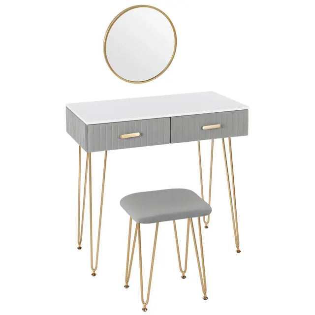 BukkitBow stijlvolle kaptafel set met spiegel en kruk, stevig metalen frame, fluweelafwerking en goudkleurige details, 80x77,5x40 cm