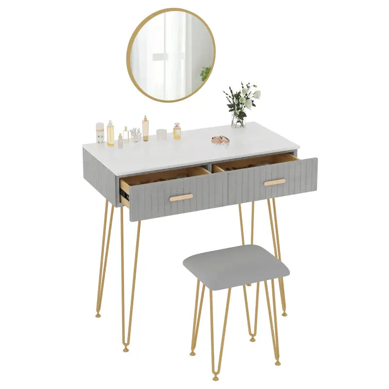 BukkitBow stijlvolle kaptafel set met spiegel en kruk, metalen frame, fluweelafwerking en gouden details, 80x77,5x40 cm