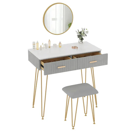 BukkitBow kaptafel set met spiegel, kruk, stevig metalen frame, fluwelen afwerking en gouden details, 80x77,5x40 cm