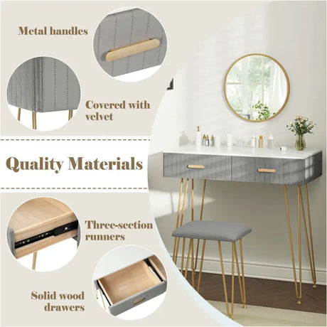 BukkitBow stijlvolle kaptafel set met spiegel en kruk, stevig metalen frame, fluweelafwerking en gouden details, 80x77,5x40 cm