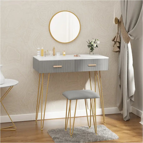 BukkitBow kaptafel set met spiegel en kruk, stevige metalen constructie met fluwelen details en gouden accenten, 80x77,5x40 cm