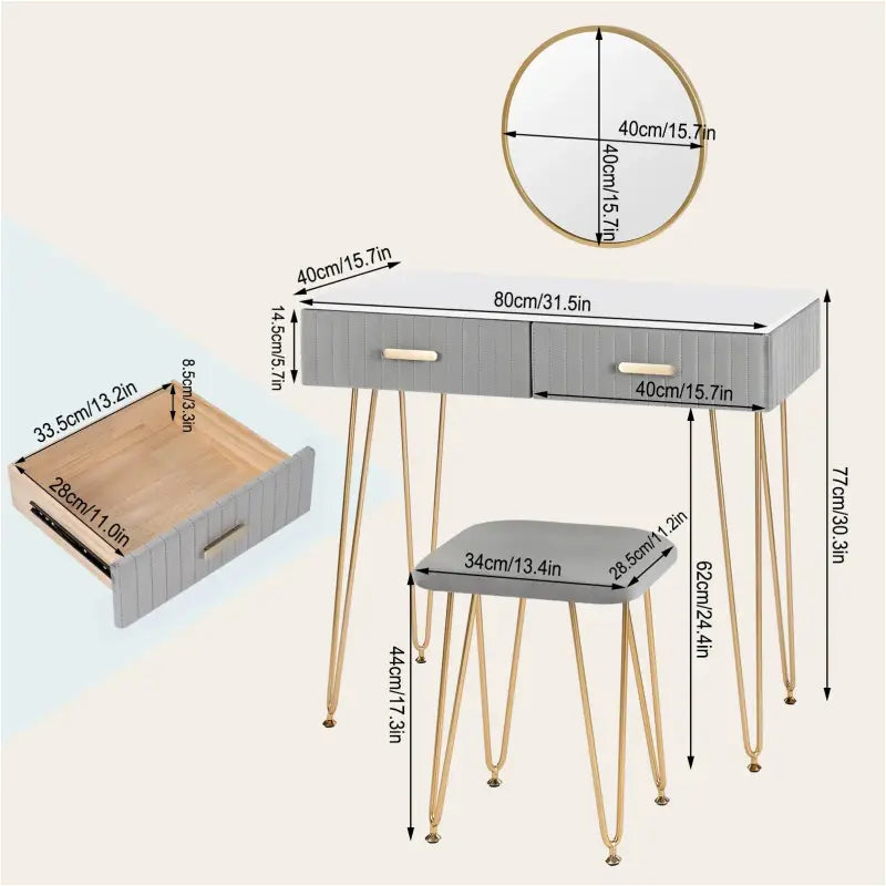 BukkitBow stijlvolle kaptafel set met spiegel en kruk, stevig met fluwelen details en gouden accenten, afmetingen 80x77,5x40cm.