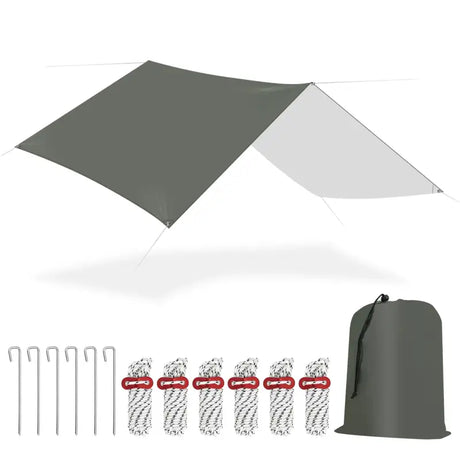 Grijs waterdicht BukkitBow tentzeil met oogjes, touwen en haringen voor zonwering SPF50+ bescherming.