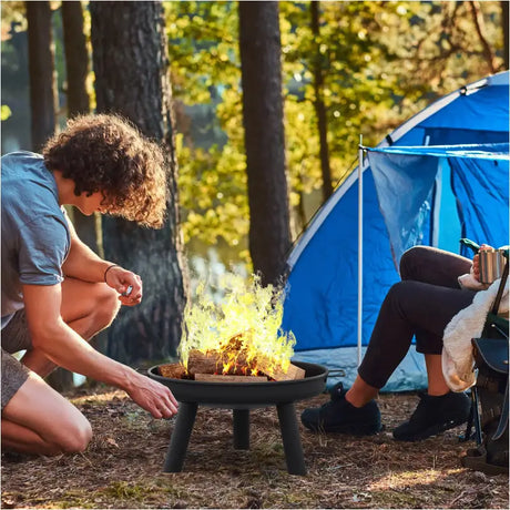 BukkitBow terras vuurkorf in zwart met hittbestendige coating, 61 cm doorsnede, geschikt voor camping en barbecue.