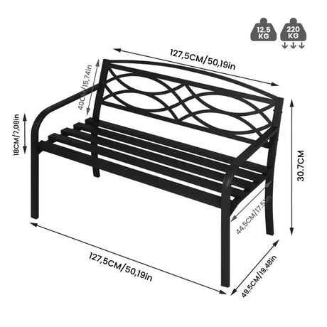 BukkitBow metalen tuinbank voor 2-3 personen, weerbestendig en geschikt voor park of balkon, afmetingen 127x83x60cm