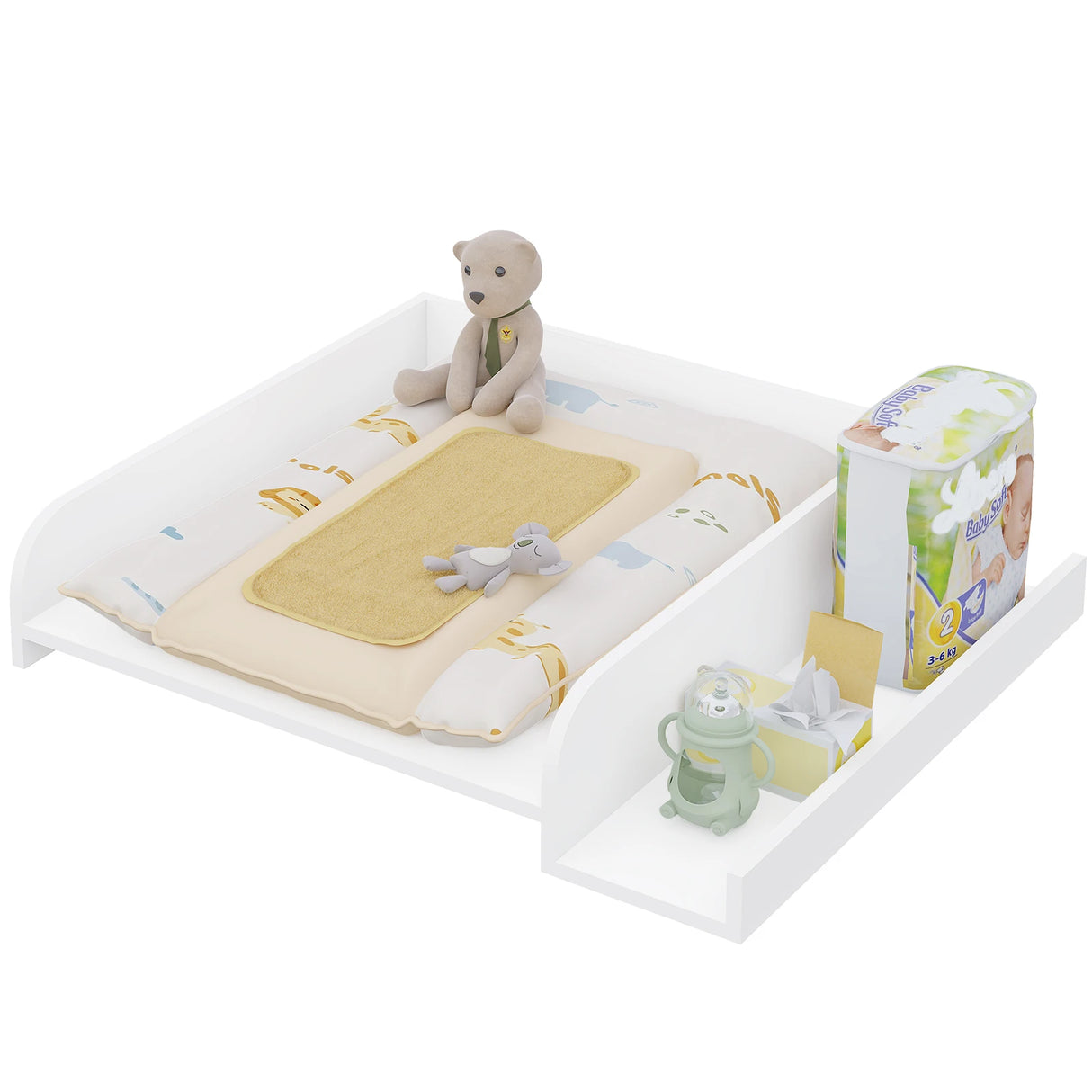 Wit BukkitBow universeel baby verschoonopzetstuk met zijplank, geschikt voor comfortabele babyverzorging en hygiëne.