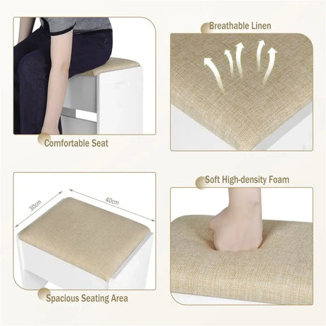 BukkitBow veelzijdige kaptafel kruk met linnen bekleding, schuimvulling en MDF-constructie, 40x30x45cm, tot 150kg draagvermogen