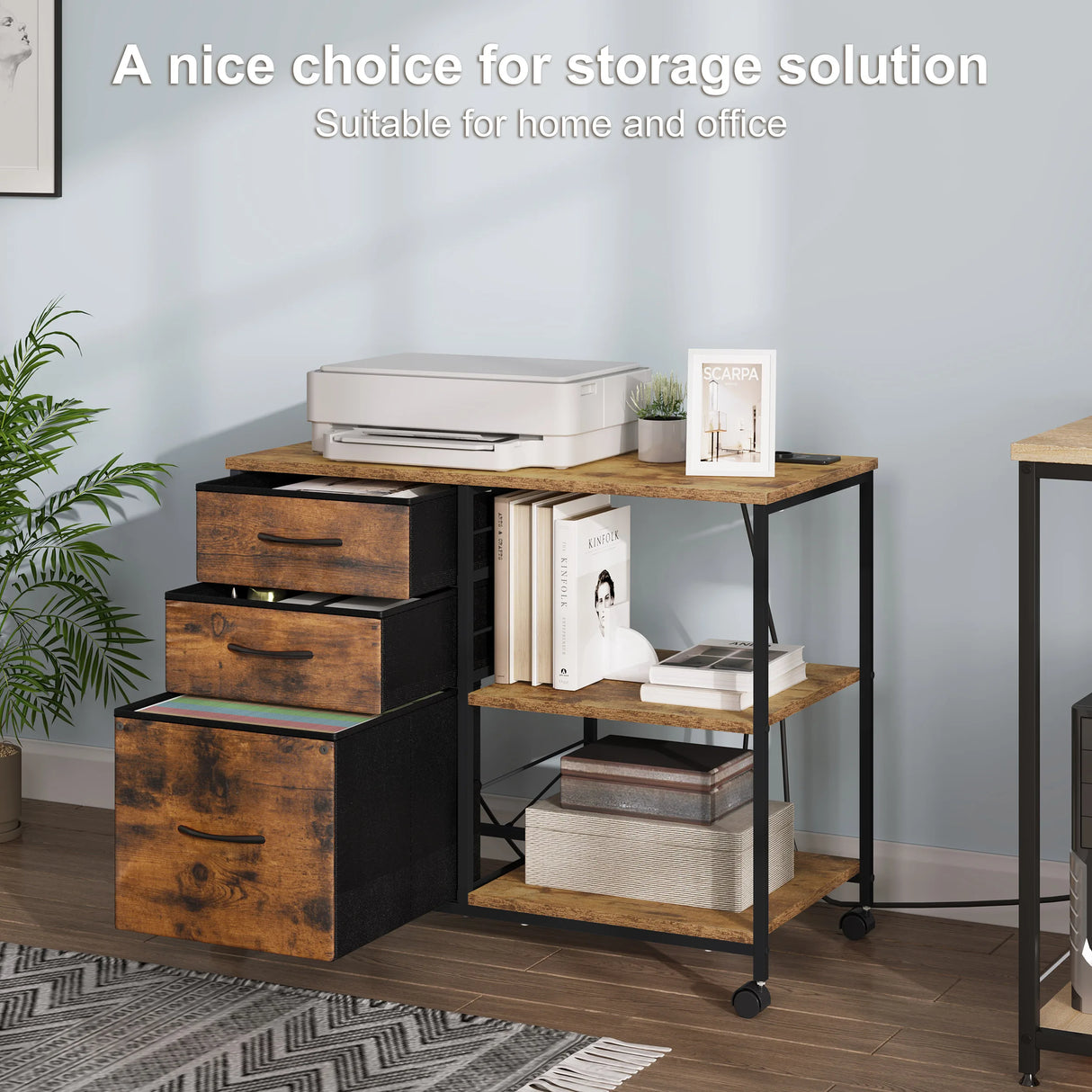 Verrijdbare houten archiefkast van BukkitBow met laadstation voor documenten en kantoorbenodigdheden, flexibel en ruimtebesparend.