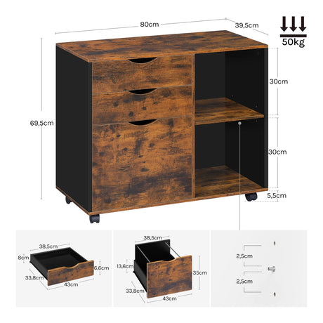Verrijdbare BukkitBow metalen archiefkast met 3 laden en hangmappen voor organisatie en opslag van documenten.