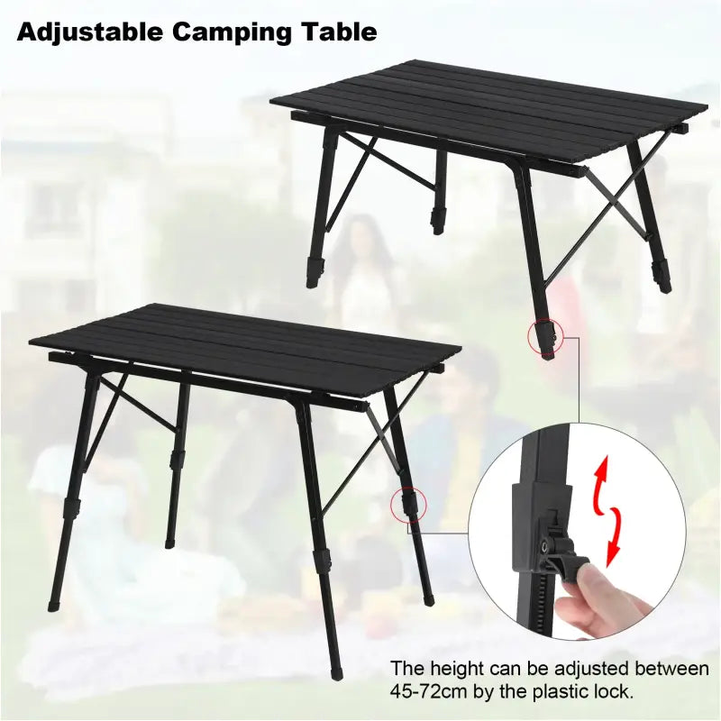 BukkitBow verstelbare aluminium campingtafel met opbergzak, zwart frame, uitgevouwen met afmetingen 90x52,2x(45-72) cm en draagkracht 30 kg.