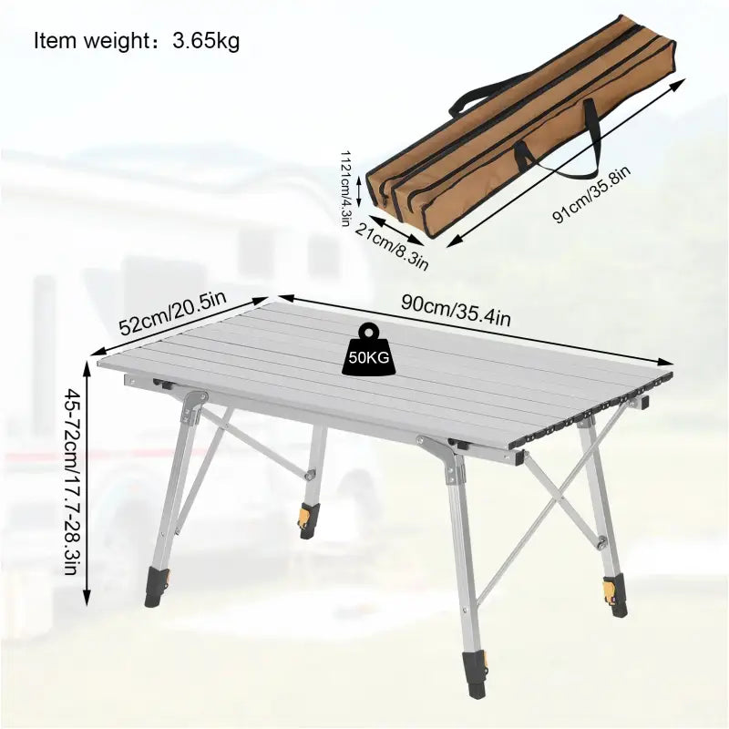 BukkitBow verstelbare aluminium campingtafel met opbergzak, compact, draagbaar, 90x52.2x(45-72) cm, max 30 kg belasting.