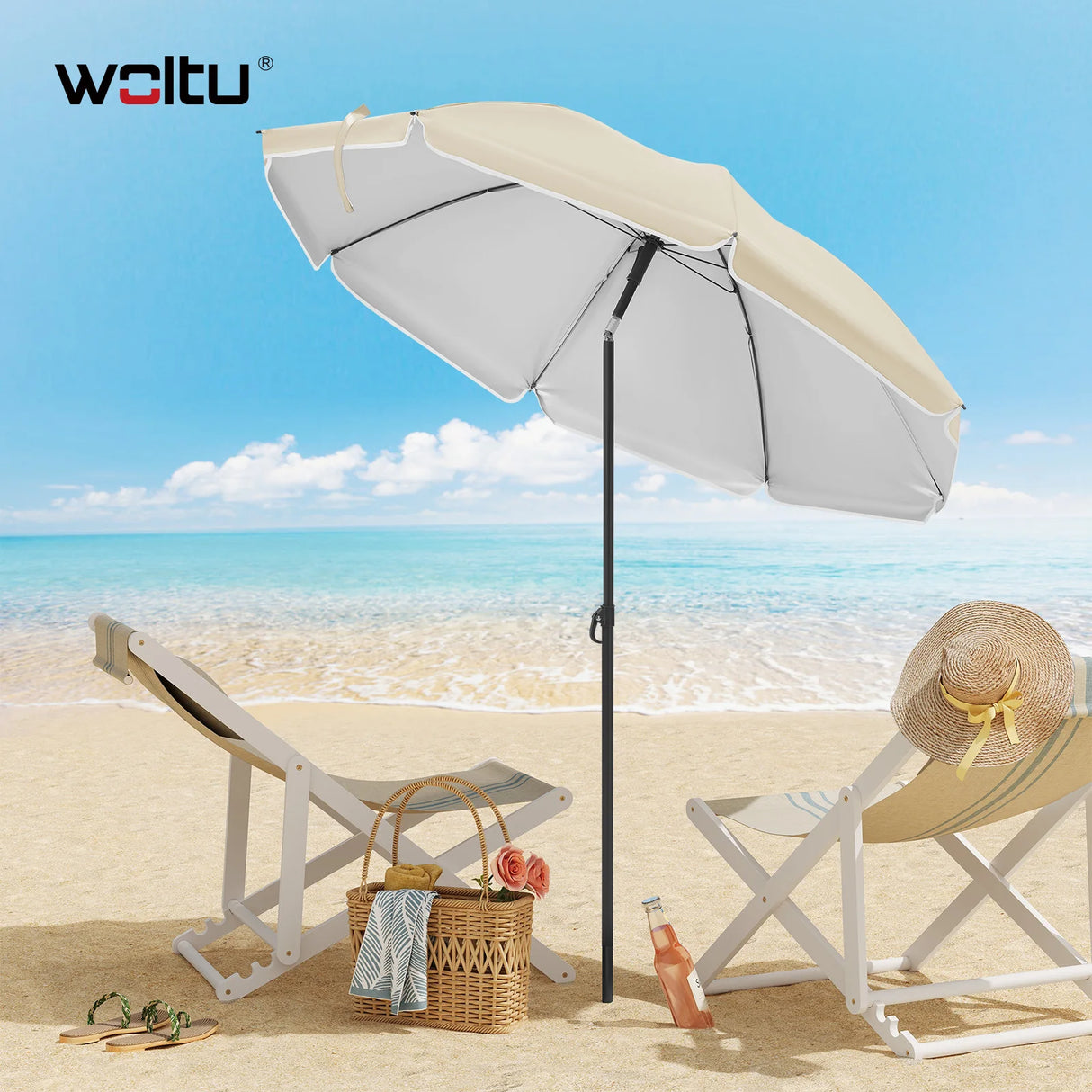 Verstelbare BukkitBow parasol met kantelfunctie en draagtas, UPF 50+ voor optimale bescherming tegen de zon.