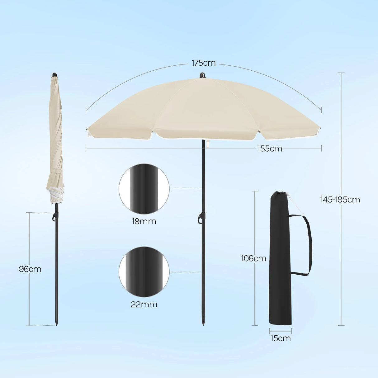 BukkitBow verstelbare parasol met kantelfunctie en draagtas, biedt UPF 50+ zonbescherming, zichtbaar op de afbeelding.