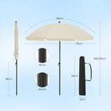 BukkitBow verstelbare parasol met kantelfunctie, draagtas en UPF 50+ bescherming, zichtbaar met open parasol en draagtas.