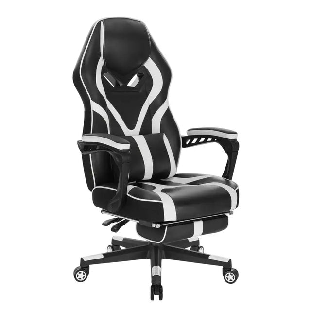 BukkitBow verstelbare racing gamestoel in wit/zwart of rood/zwart met uitklapbare voetensteun, hoogte 115-123 cm, leer en nylon.