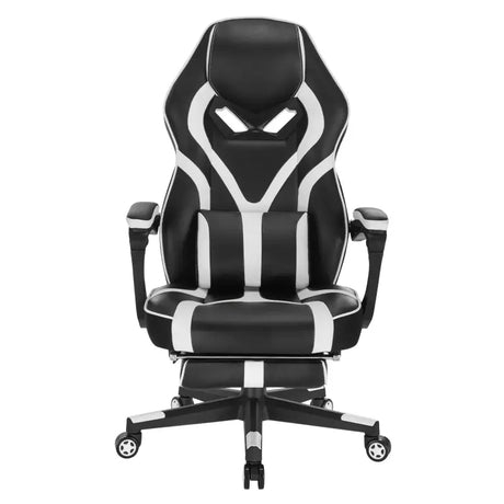 BukkitBow verstelbare racing gamestoel met leren en nylon bekleding, uitschuifbare voetensteun in wit en zwart of rood en zwart