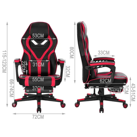 BukkitBow verstelbare racing gamingstoel met leren en nylon bekleding, uitklapbare voetsteun, wit/zwart of rood/zwart, hoogte 115-123cm