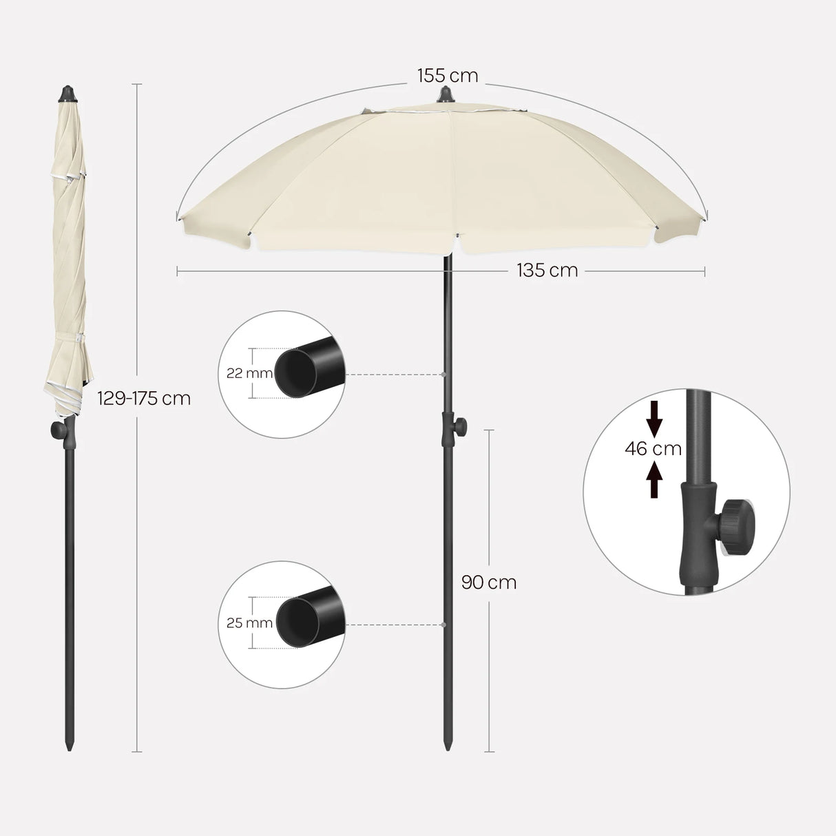 Verstelbare ronde parasol van BukkitBow met kantelfunctie en draagtas voor schaduw en comfort.