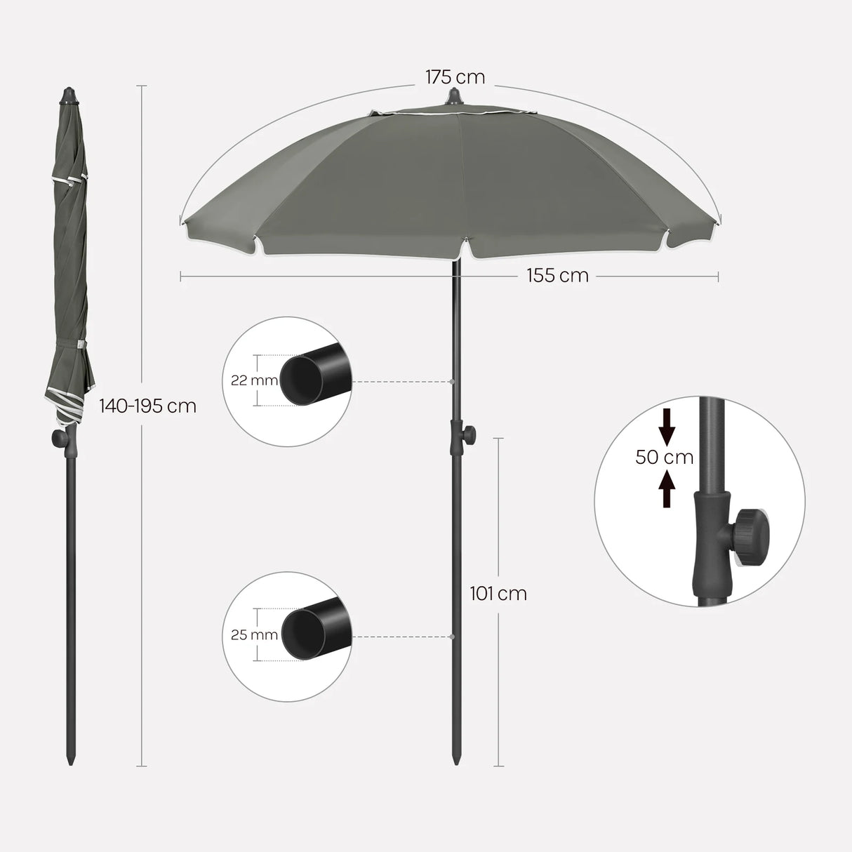 BukkitBow verstelbare ronde parasol met kantelfunctie en draagtas, geschikt voor buitengebruik, in neutrale kleuren