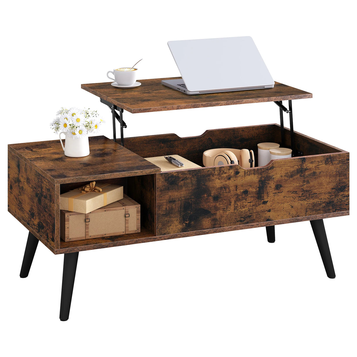 Verstelbare BukkitBow salontafel met liftfunctie en verborgen opbergruimte, modern design en houten afwerking.