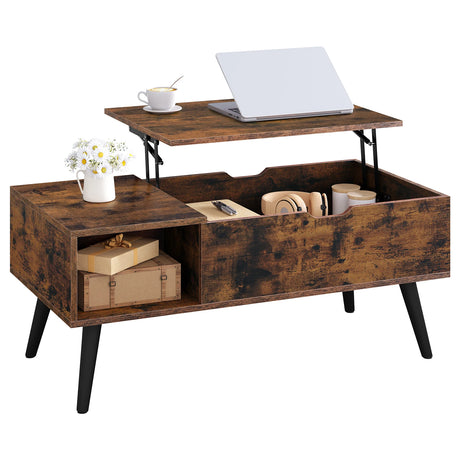 Verstelbare BukkitBow salontafel met liftfunctie en verborgen opbergruimte, modern design en houten afwerking.