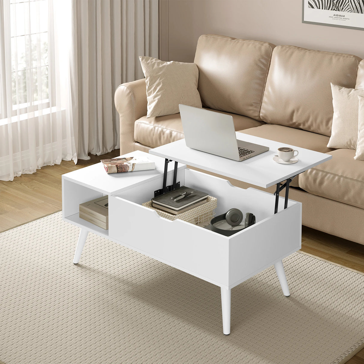 Verstelbare BukkitBow salontafel met liftfunctie en verborgen opbergruimte, modern ontwerp en houten afwerking.