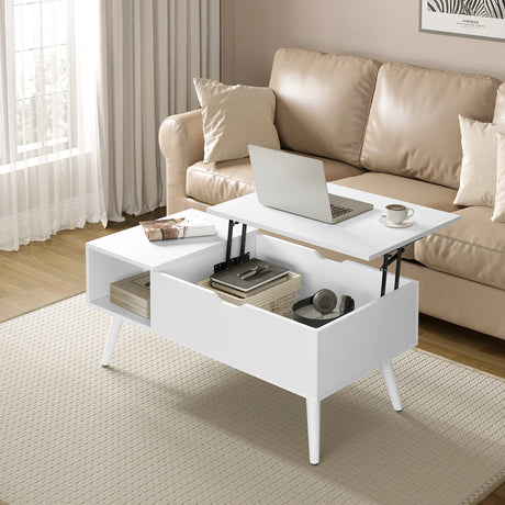 Verstelbare BukkitBow salontafel met liftfunctie en verborgen opbergruimte, modern ontwerp en houten afwerking.