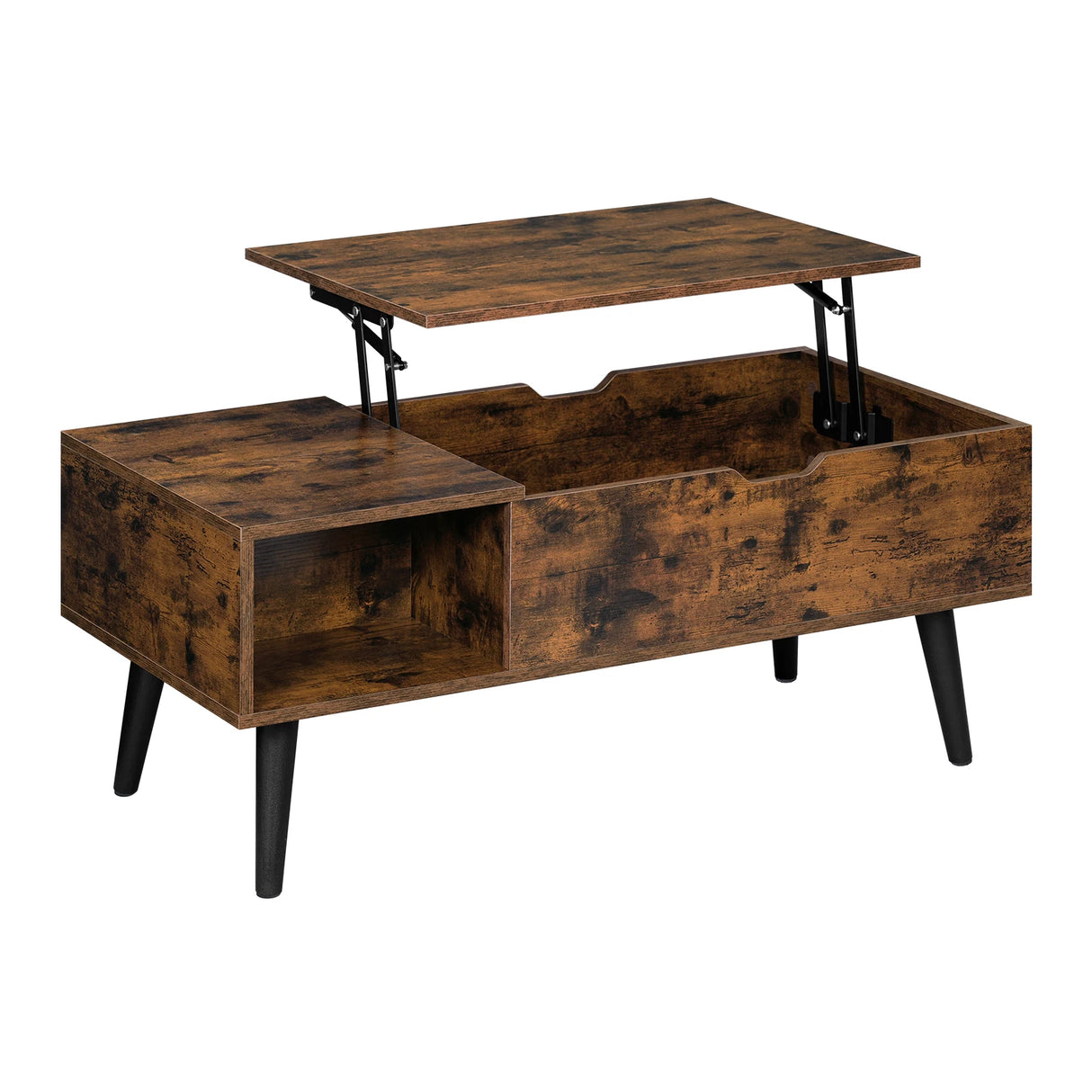 Verstelbare BukkitBow salontafel met liftfunctie en verborgen opbergruimte, modern design, houtkleur, geschikt voor woonkamer.