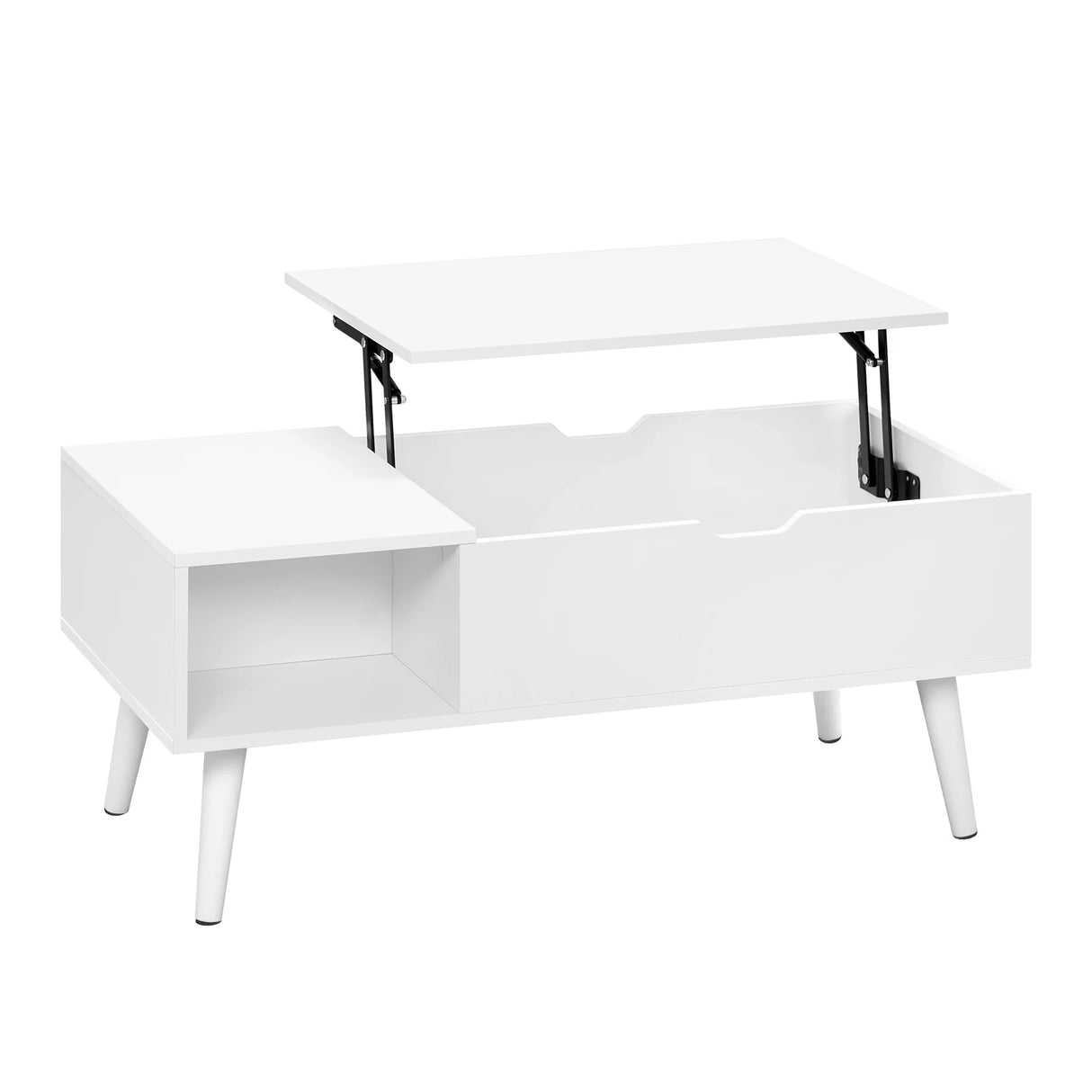 Verstelbare BukkitBow salontafel met liftfunctie en verborgen opbergruimte, modern design, houten afwerking en praktische functionaliteit.