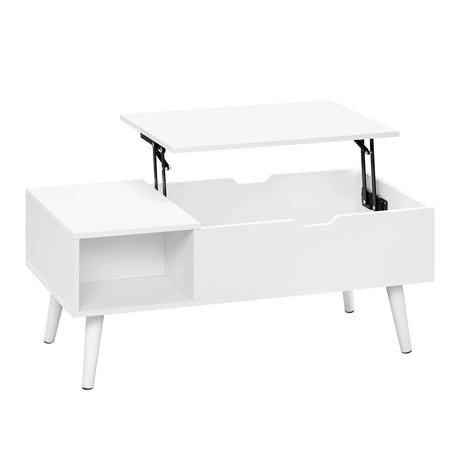 Verstelbare BukkitBow salontafel met liftfunctie en verborgen opbergruimte, modern design, houten afwerking en praktische functionaliteit.