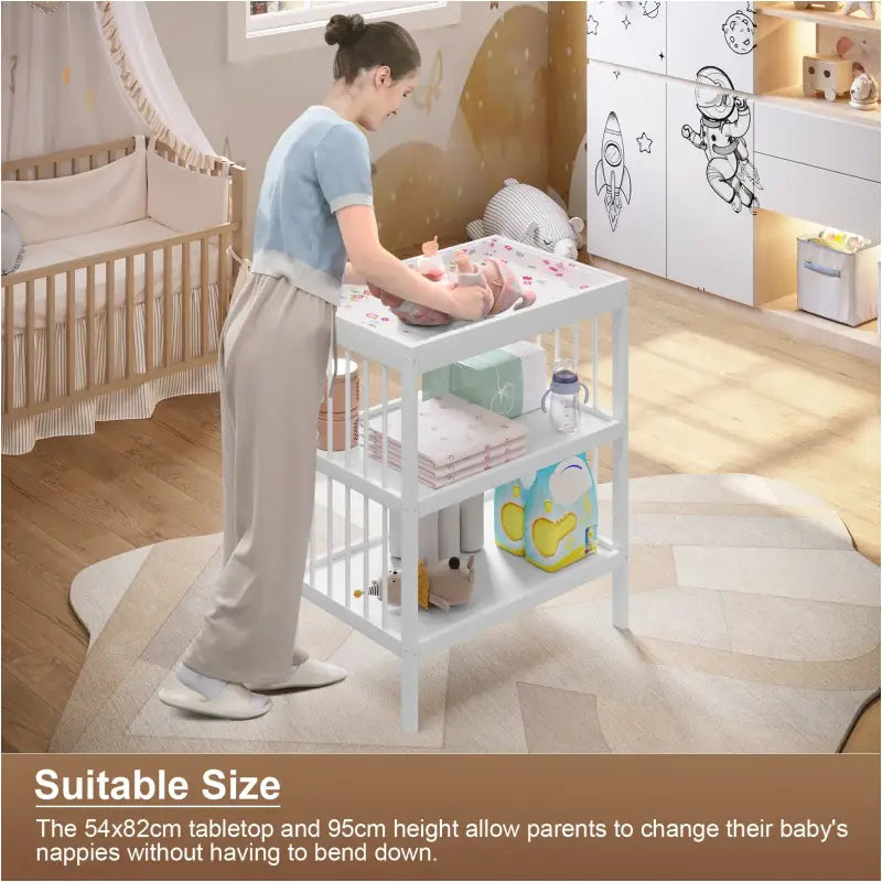 Witte BukkitBow verzorgingstafel voor baby van MDF, 75x92x51 cm met draagvermogen van 30 kg, geschikt voor babyverzorging.